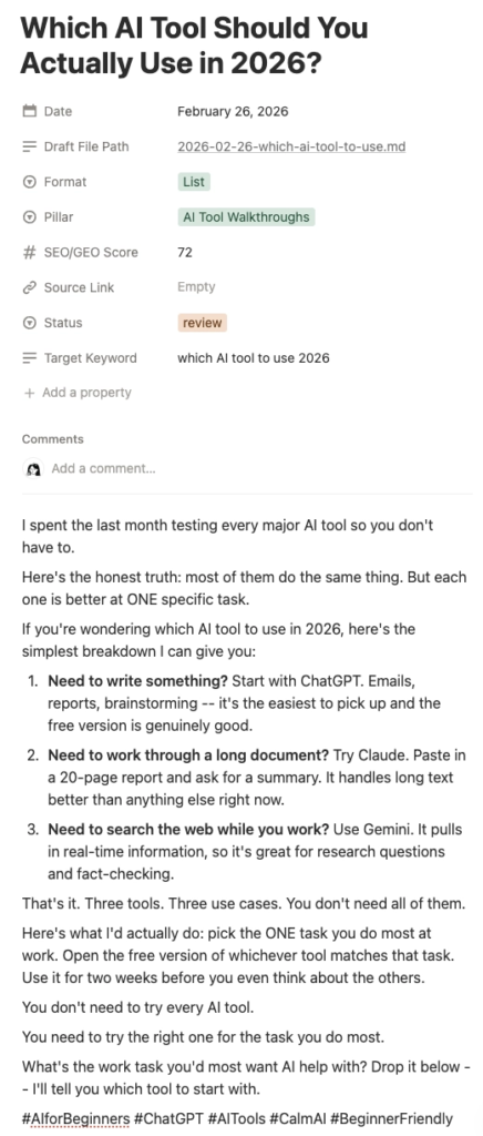 Full LinkedIn post content uploaded onto Notion page successfully