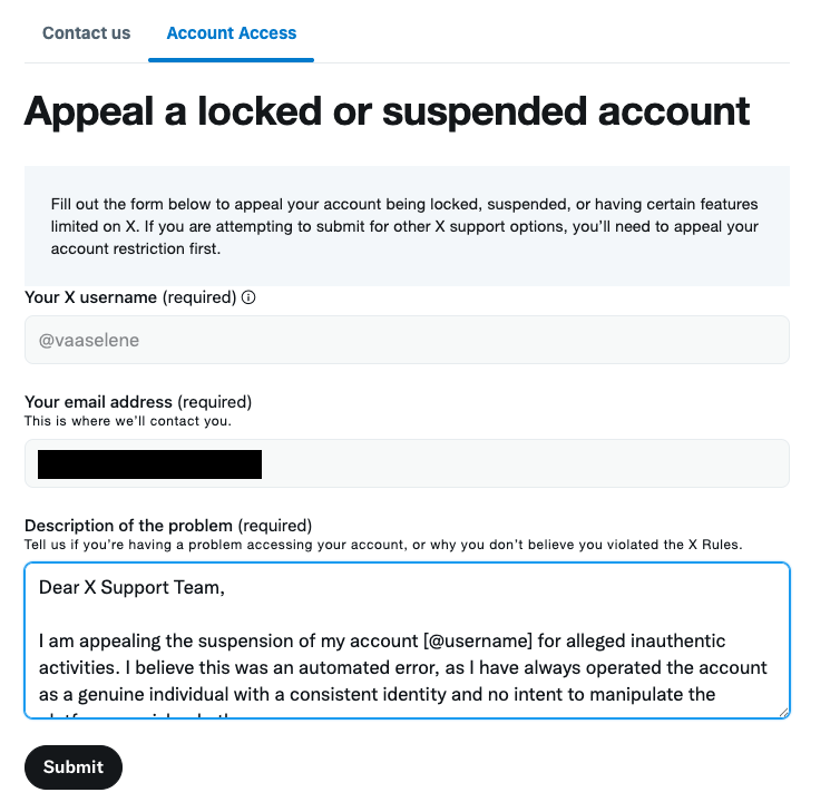 X account suspension appeal page