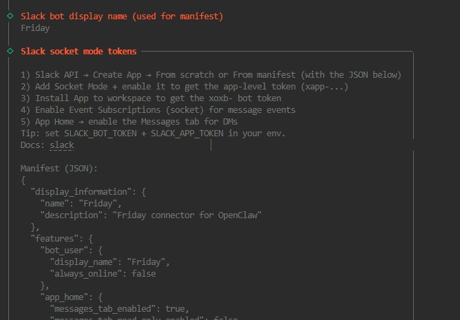 OpenClaw terminal displaying manifest JSON to copy into Slack