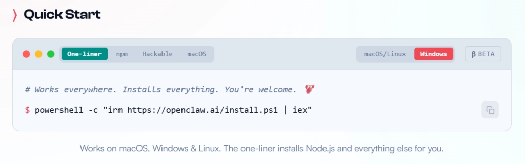 installation command under "Quick start" OpenClaw Setup