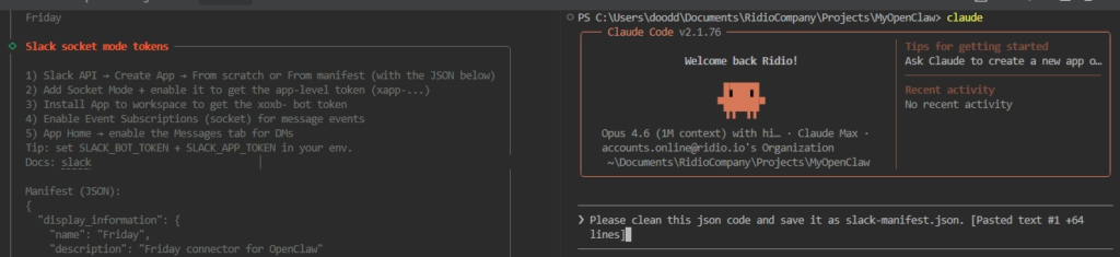 Claude cleaning up the Slack manifest JSON into proper format