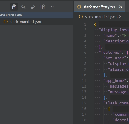 Clean JSON manifest file ready to paste into Slack wizard