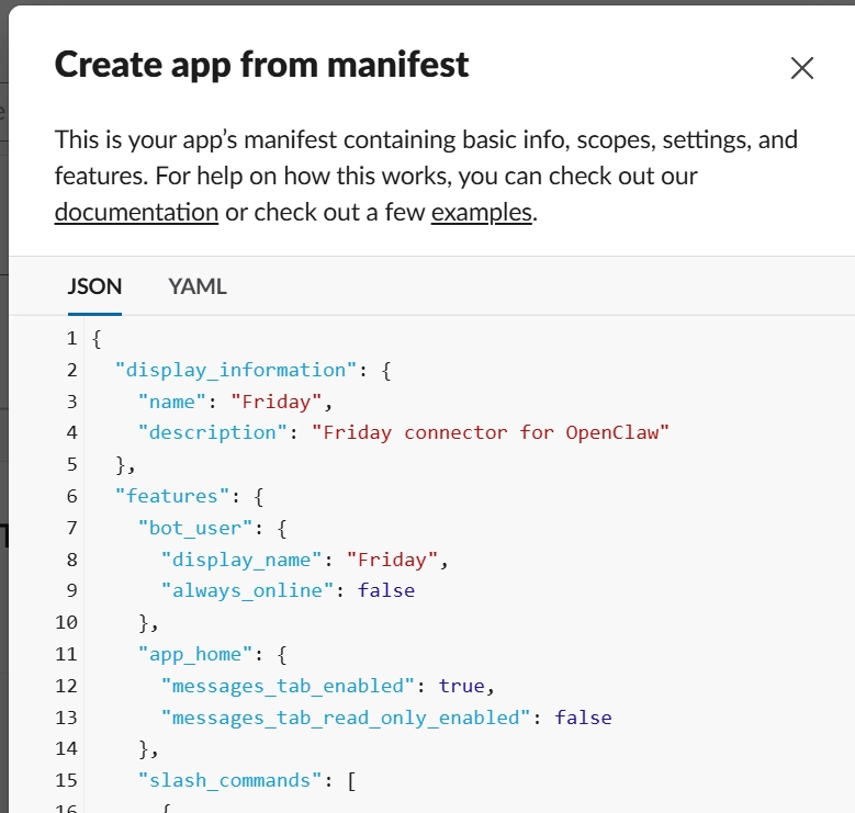 Pasting the cleaned manifest into Slack app creation wizard