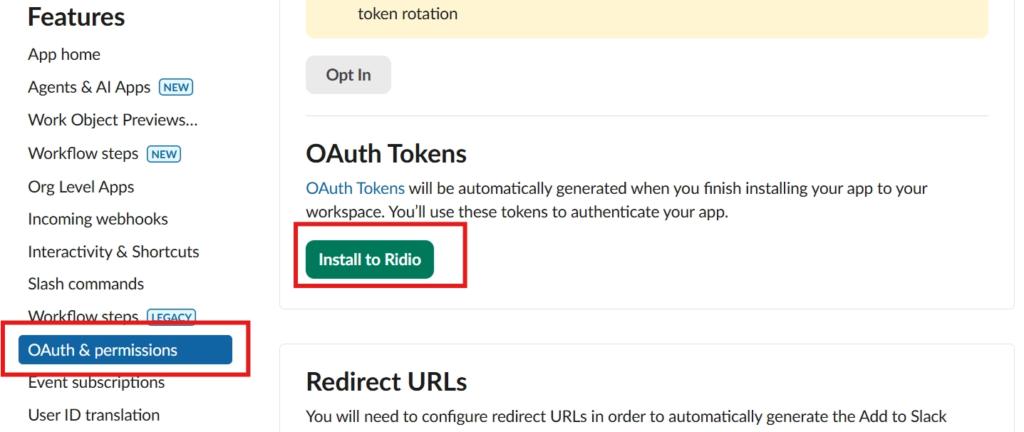 Slack OAuth and Permissions page with Install to Workspace button