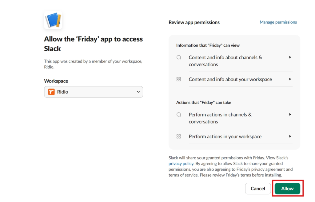 Slack permission approval screen with Allow button for OpenClaw