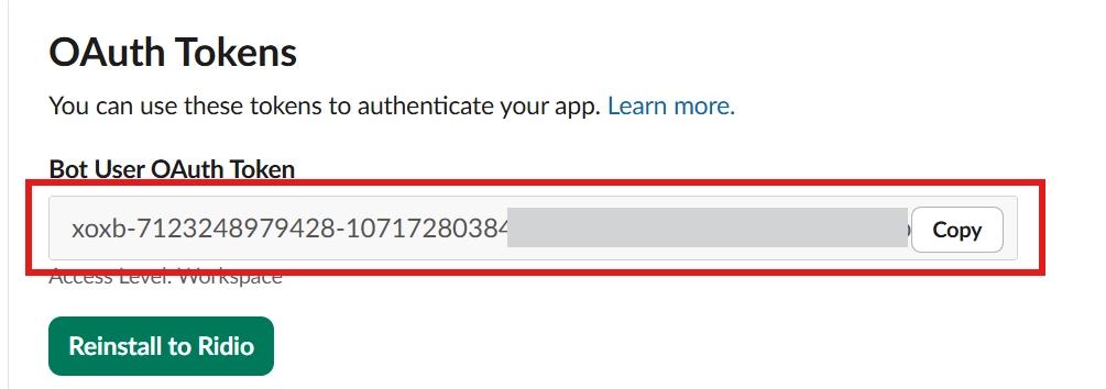 Slack bot OAuth token displayed ready to copy into OpenClaw