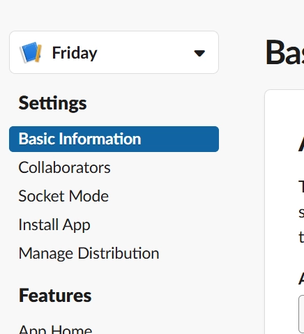 Slack app settings showing Generate Token and Scopes button
