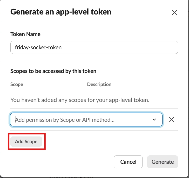 Slack event subscriptions configuration with connections write scope