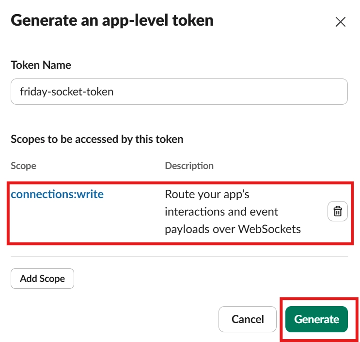 Generated Slack app token ready to copy into OpenClaw terminal