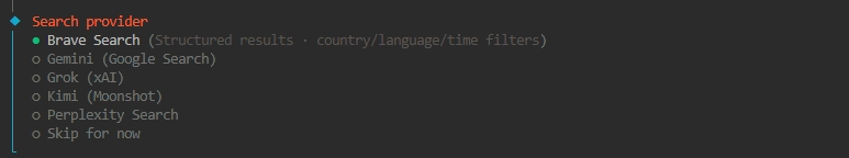 OpenClaw setup selecting Brave Search as the search provider