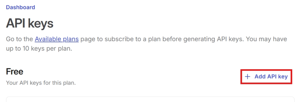 Brave Search API dashboard with API keys management section