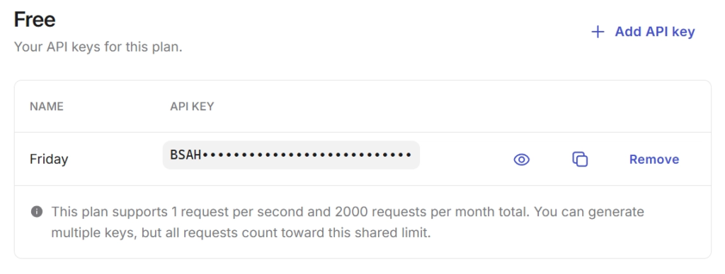 Brave Search API key created and ready to copy into OpenClaw