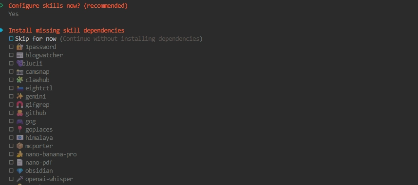 OpenClaw skills selection screen showing available built-in skills