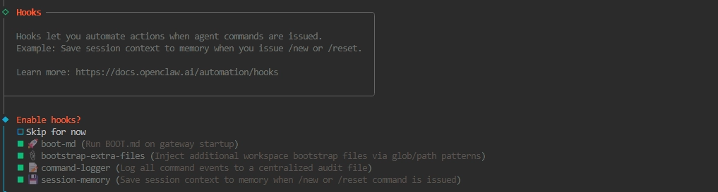 OpenClaw hooks configuration toggles enabled with spacebar