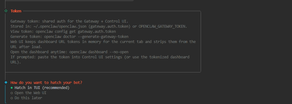 OpenClaw hatch bot screen selecting TUI terminal UI option