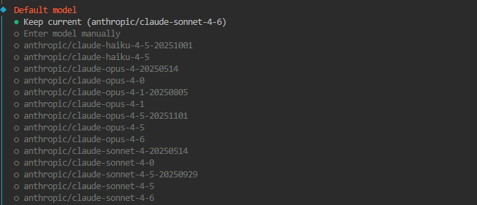 OpenClaw setup wizard showing default model selection dropdown