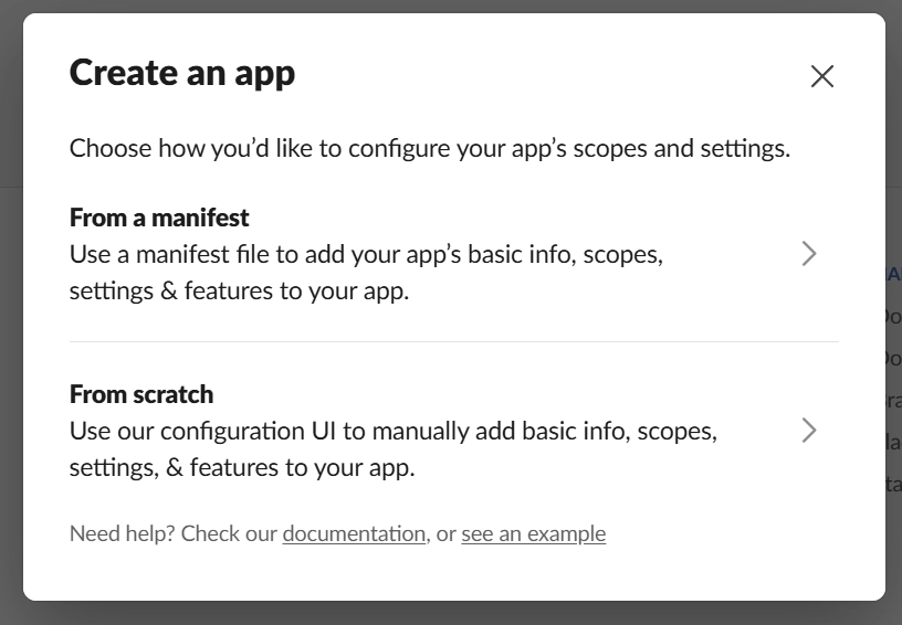 Slack app creation wizard with From a manifest option selected