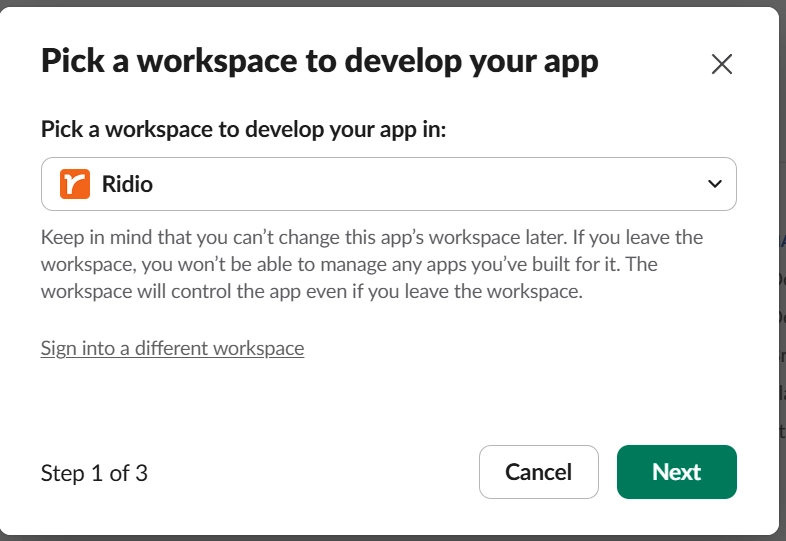Selecting workspace in Slack app creation wizard
