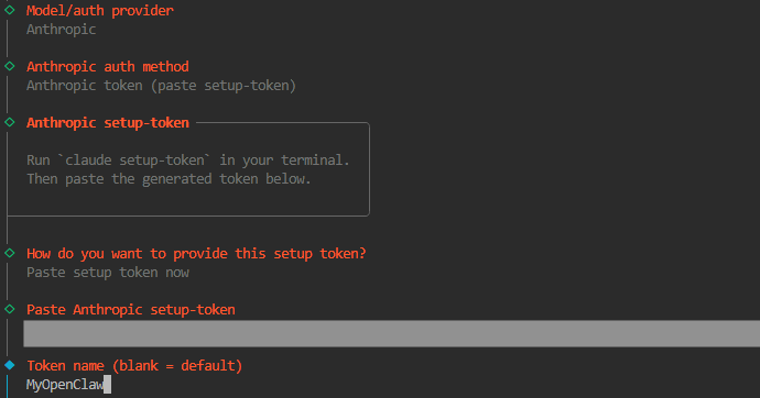 Named my token name "MyOpenClaw" OpenClaw Setup
