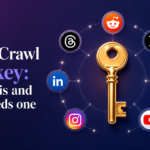SocialCrawl API key illustrated as a gold key unlocking 21 social media platform logos including Reddit, X, TikTok, YouTube, and Instagram
