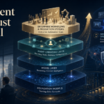 Editorial illustration of a layered AI agent stack, showing foundation models, model layer, agent operating layer, and enterprise workflows, surrounded by visual motifs for enterprise adoption, device-based AI assistants, cybersecurity, and agent infrastructure funding.