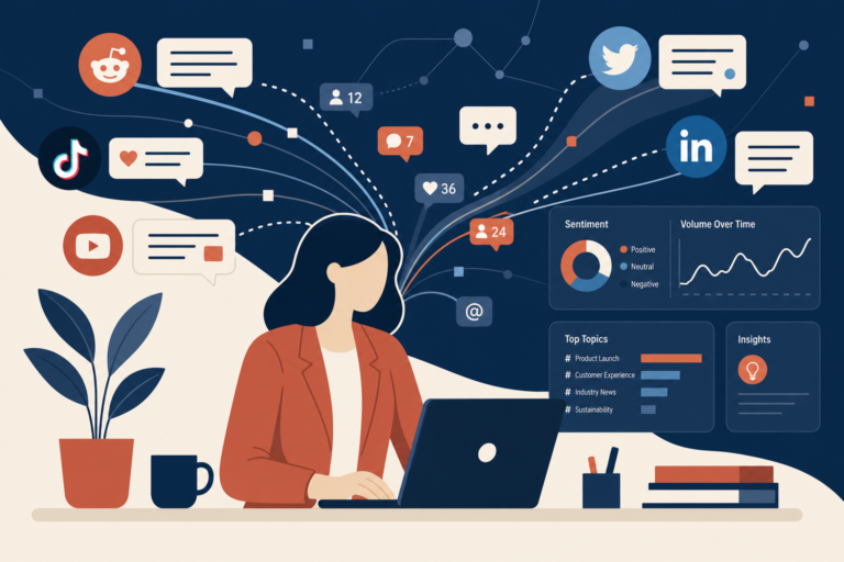 Social listening tools dashboard pulling data from 27 platforms