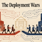 Editorial illustration showing two rival teams of business consultants marching toward a central government building from opposite sides, one group in red and the other in navy blue, with circuit-board-style diagrams flowing overhead, representing competing AI deployment firms vying for enterprise contracts