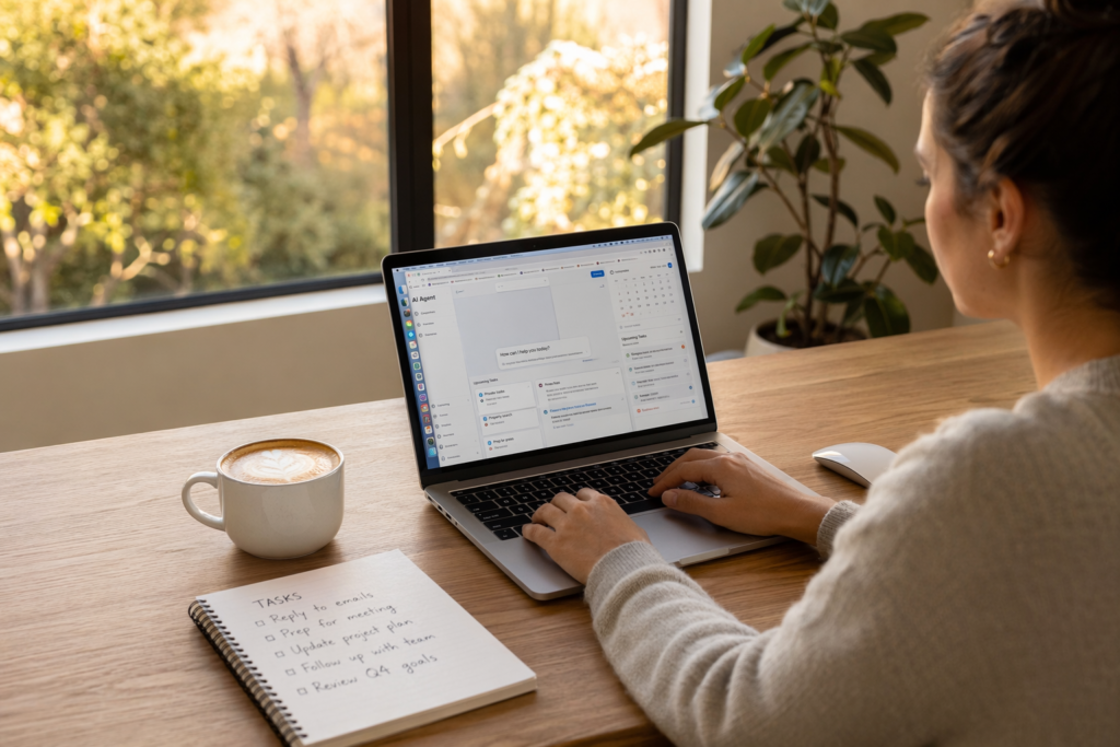 Woman working at kitchen table with AI chat interface on laptop