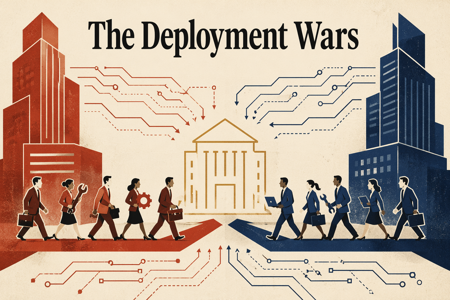 Editorial illustration showing two rival teams of business consultants marching toward a central government building from opposite sides, one group in red and the other in navy blue, with circuit-board-style diagrams flowing overhead, representing competing AI deployment firms vying for enterprise contracts