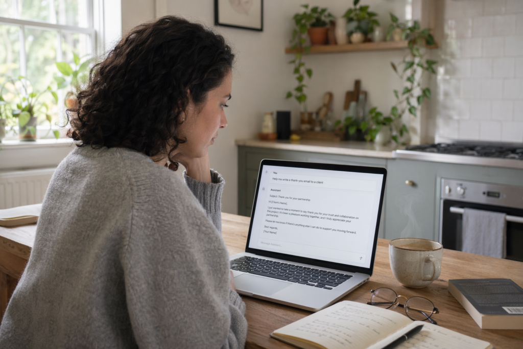 Woman working at kitchen table with AI chat interface on laptop