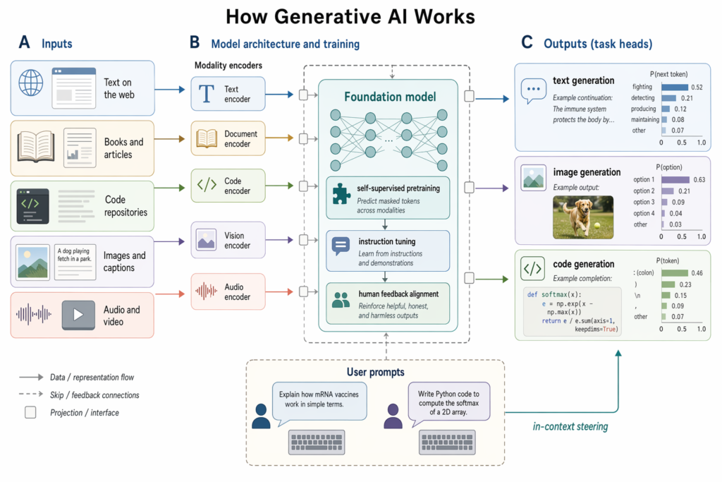 How generative AI works — a diagram showing training data, foundation model, and generated outputs