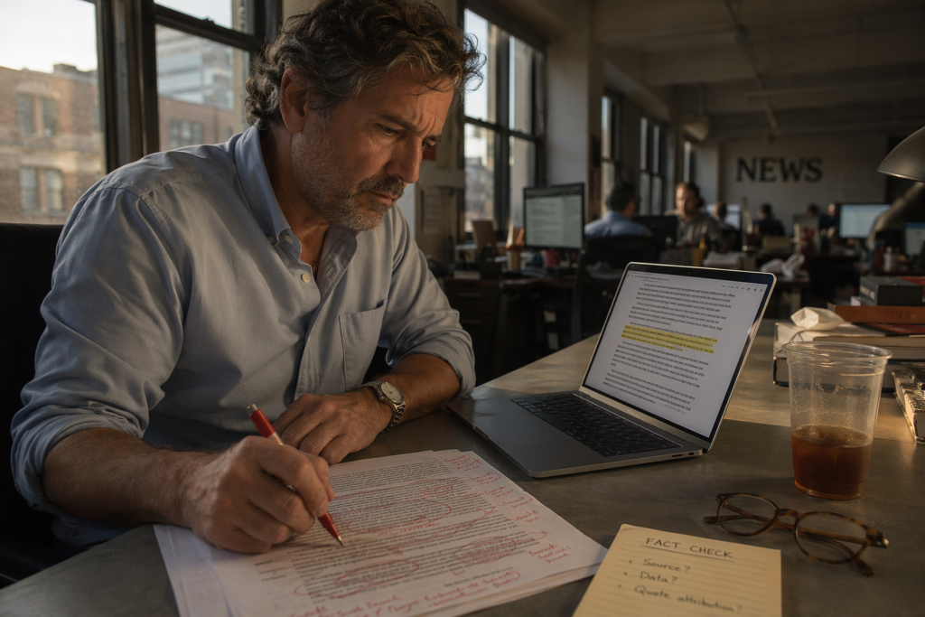 Journalist fact-checking AI-generated article in a newsroom