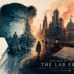 A silhouetted industrial complex with towering smokestacks bathed in warm amber light, representing the AI industry's shift from small research labs to trillion-dollar industrial-scale operations.