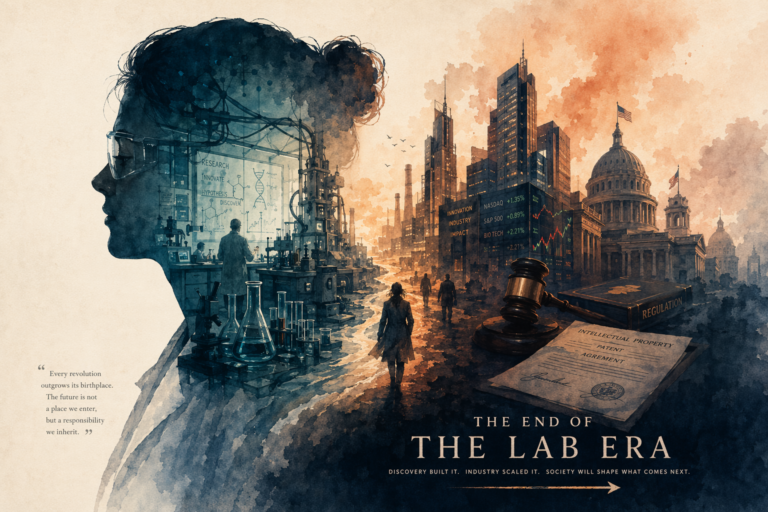 A silhouetted industrial complex with towering smokestacks bathed in warm amber light, representing the AI industry's shift from small research labs to trillion-dollar industrial-scale operations.