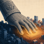 A lone figure walks through a monumental government corridor with towering arched ceilings and symmetrical columns, bathed in warm amber light, evoking the weight of institutional authority descending on the AI industry