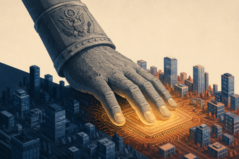 A lone figure walks through a monumental government corridor with towering arched ceilings and symmetrical columns, bathed in warm amber light, evoking the weight of institutional authority descending on the AI industry