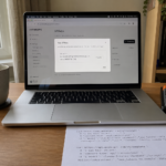 Woman working at kitchen table with AI chat interface on laptop