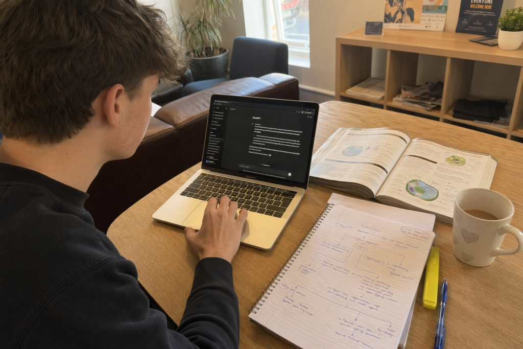 Woman working at kitchen table with AI chat interface on laptop