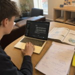 Woman working at kitchen table with AI chat interface on laptop