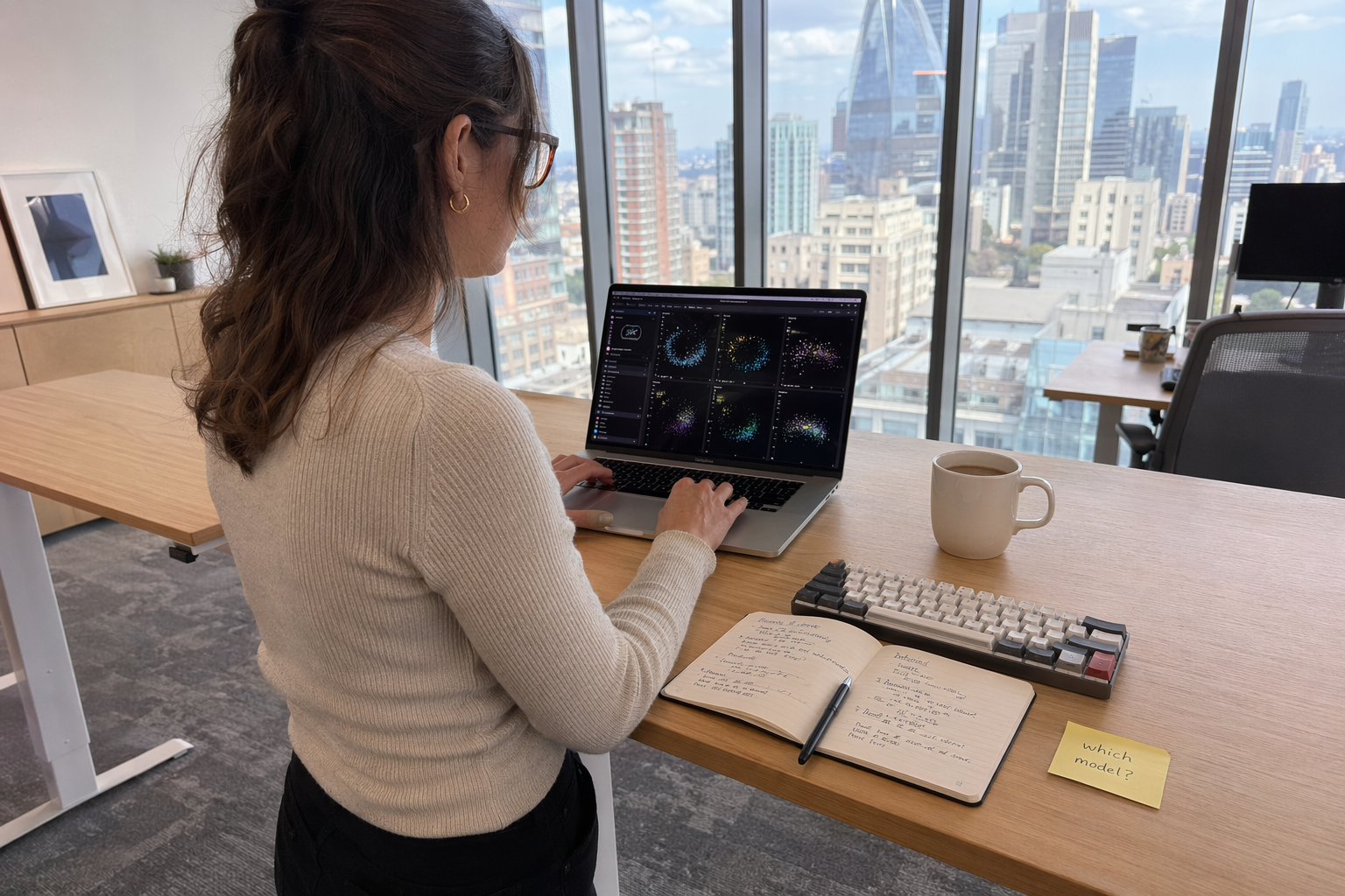 Woman working at kitchen table with AI chat interface on laptop