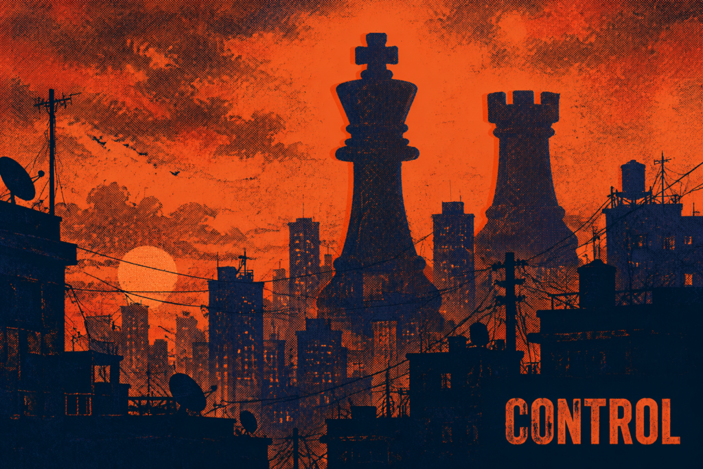 Figure 01 — Editorial illustration. Control games over the tech skyline.