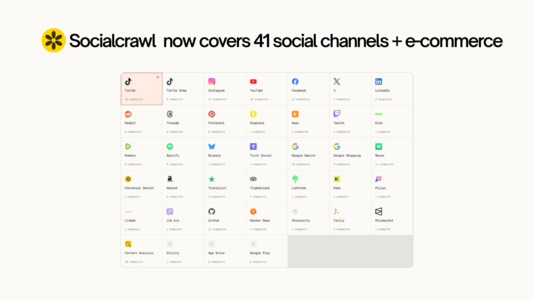 SocialCrawl social media crawler API update showing new platform integrations including Amazon, Google Shopping, and Trustpilot