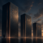 Three towering dark pillars labeled 2.8T, 2.4T, and 975B at sunset, with a person standing beside them for scale.