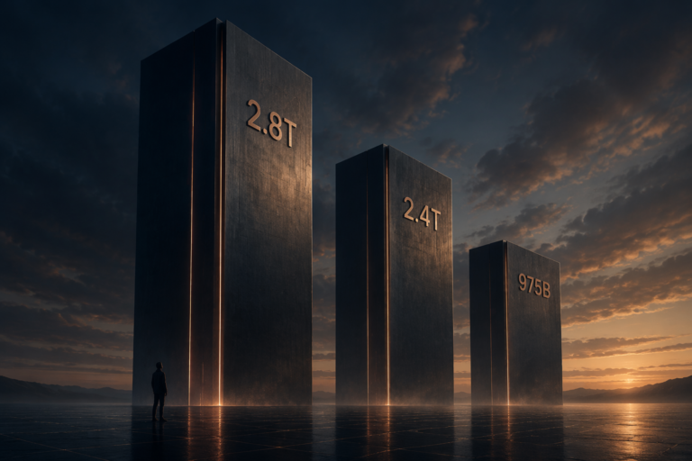 Three towering dark pillars labeled 2.8T, 2.4T, and 975B at sunset, with a person standing beside them for scale.