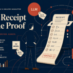 Editorial illustration of a man facing a receipt printer that outputs verified AI proofs, surrounded by AI models and pricing tags.