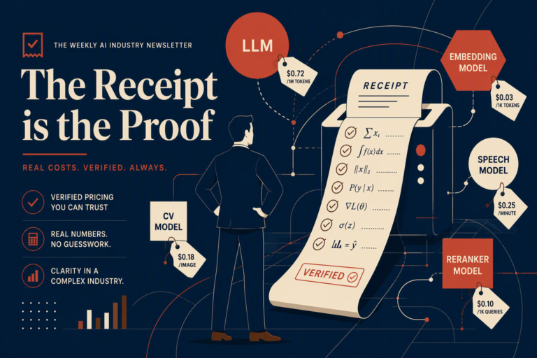 Editorial illustration of a man facing a receipt printer that outputs verified AI proofs, surrounded by AI models and pricing tags.